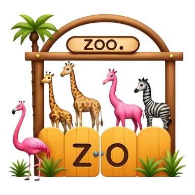 classic emoji-style wooden zoo entrance with the word 'zoo' and four animals: giraffe, panda, zebra, and flamingo, designed to look like genuine emoji, not AI-generated sticker