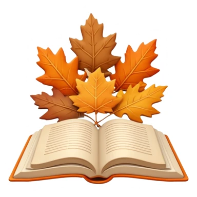 A cute 3D emoji of an open book with autumn leaves around it, cozy fall colors (orange, brown, beige), playful and modern style, glossy finish, minimalistic but expressive, symbolizing a Fall Reading Challenge. sticker