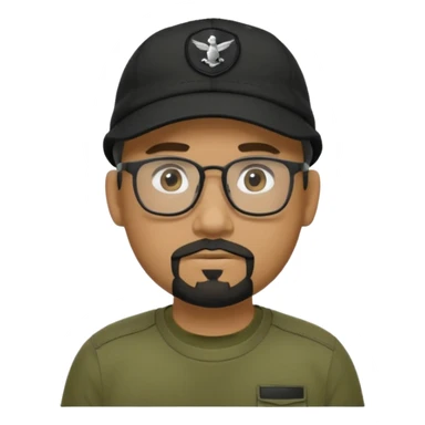 hombre trigueño , barba candado negra y blanca, anteojos, gorra negra , remera tactica verde oliva sticker