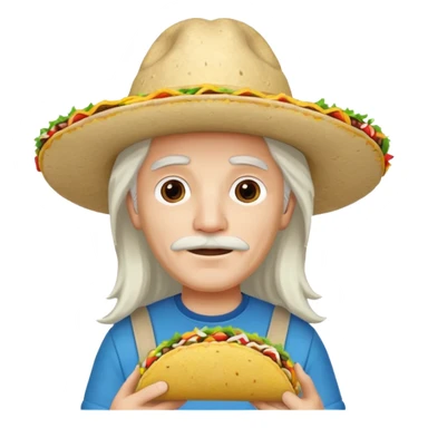 man holding taco with long white hair and cap sticker