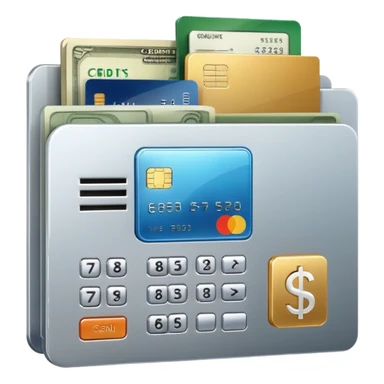 Closed folder icon with small symbols floating around: bank building, credit card, calculator, and document – organized financial archive sticker