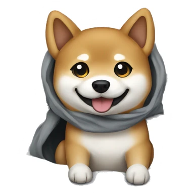 Shiba Inu dog with big eyes smiles while sitting in a gray blanket sticker