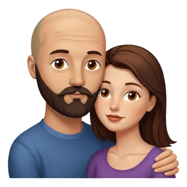 Couple. Bald man with dark brown-black beard. White woman with many small, faded freckles, she has white skin and she has auburn-brown-cinnamon, dark long hair. She has light brown eyes. The man have hazel eyes. Retro style. She kisses him on the cheek. sticker