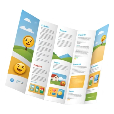 tri-fold brochure opened, with simple layout lines and image placeholders. sticker