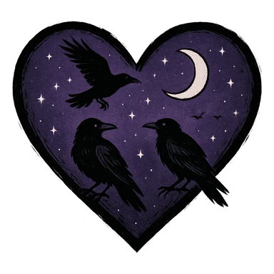 emo heart with night sky and dark ravens, remove background, pink sticker