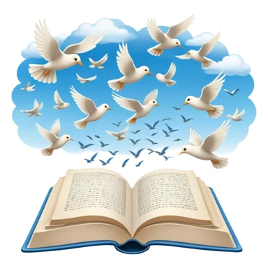 Icon for Poetry Reading: an open book with verses on the pages, from which fly pages transforming into a large flock of small white birds soaring into the blue sky. The icon should evoke the freedom and beauty of poetry. Transparent background. sticker