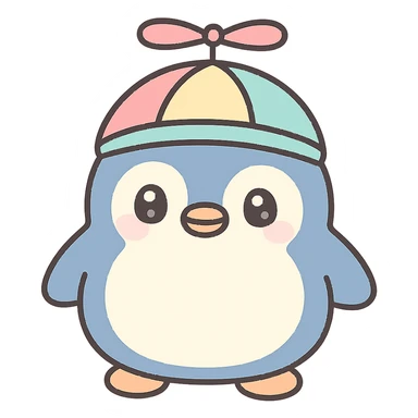 cute penguin wearing a colorful propellor hat, cartoon style sticker