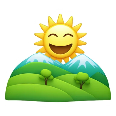 Cartoon sun rising over a green hill with trees sticker