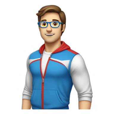 retro 70s blue and red gym clothes for a modern white brunette uni male student with glass sticker