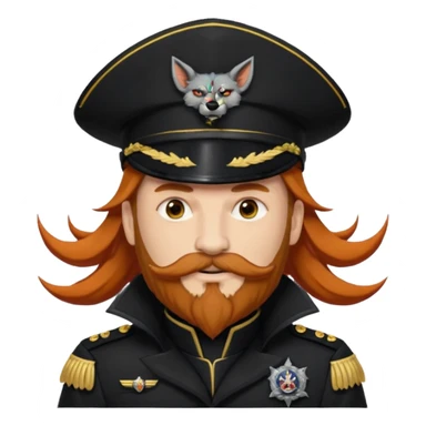 An auburn-hair'ed admiral with a flawless bear and mustache wearing a black admiral outfit and hat with Wolf Ears coming out of the hat, and 9 tails behind him, with the admiral black shirt featuring on the left breast pocket the insignia of Helldivers 2. sticker