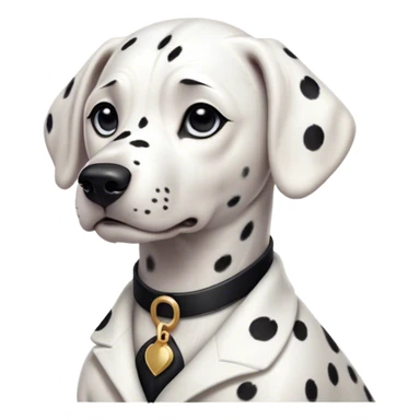 Cinematic Noble Dalmatian Portrait Emoji, Poised and regal, with a lean, athletic build and a glossy white coat adorned with distinctive black spots, deep-set soulful dark eyes, Simplified yet sharp and sophisticated features, highly detailed, glowing with a soft, dignified glow, high shine, intelligent and alert, stylized with an air of elegance, focused and attentive, soft glowing outline, capturing the essence of a watchful and confident companion, so majestic it feels as though it could dash out of the screen with effortless authority! sticker
