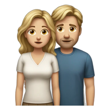 40 year old woman with dirty blond hair holding a 45 year old man with brown hair, both crying and sad sticker