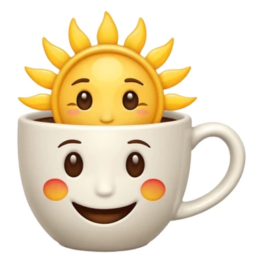 a playful and warm coffee cup with a sun rising from it, emoji style sticker