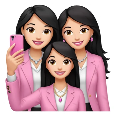 Just 3 besties with professional glammed up looks wearing pink and white, all medium skin tone smiling big with black long hair. Very girly wearing simple jewelry, taking a selfie  sticker