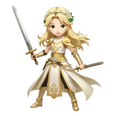 Lumine (from Genshin Impact) White and golden clothes, blonde, long-haired, with flower hair clip, and wielding a sword (full body) sticker
