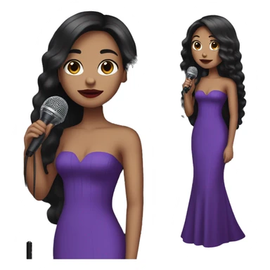 tall girl with long straight black hair with red lipstick with a microphone and purple prom dress sticker