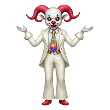 full-body demonic clown in a white leisure suit with bellbottom pants, bald, black ram horns, flashy belt, ruffled shirt, colorful tie, no elevator shoes sticker