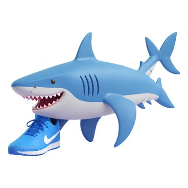 a shark with three legs, last leg near the back fin, wearing blue Nike shoes, closed mouth, 3D style sticker