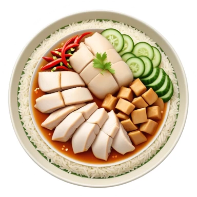 Singapore Hainanese chicken rice with sliced chicken, fragrant rice, cucumber and chili sauce sticker
