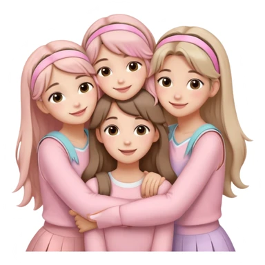 Four girls hugging each other, all wearing soft pink clothes, two with long hair and two with shoulder-length short hair, smiling, with hair accessories like headbands or ribbons, pastel color palette, soft shading, make someone pose with two fingers and someone kisses his cheek sticker