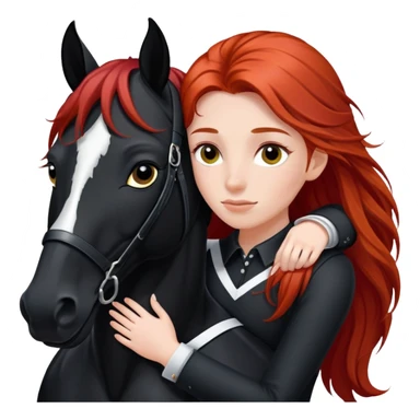 A red-haired girl with long hair and in the form of a rider hugs a black horse with a white stripe on her face and a black mane sticker
