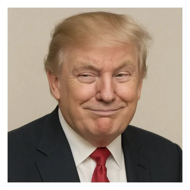 Reduce contrast for a softer look and enhance the very sly, cunning expression on Donald Trump's face, keeping photorealistic quality and plain background. Maintain photorealistic style with a plain background. sticker