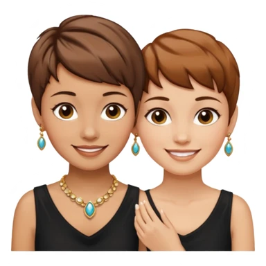 Fair skin and caramel colored besties with brown hair pixie cuts wearing jewelry  both brown hair  sticker