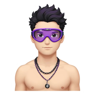 shirtless male athlete with white skin and moderately curly black hair on top with shaved sides, wearing purple ski goggles with black tinted lenses, and a simple plain black chain necklace, no earrings sticker