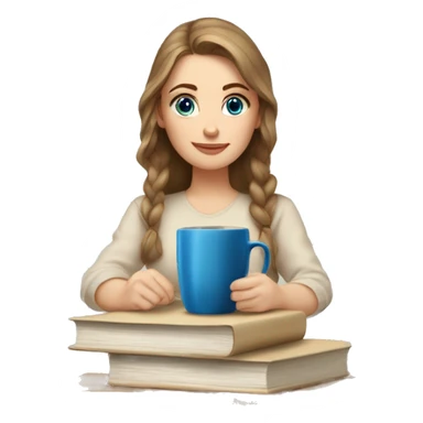 stack of beige books, Russian white girl with brown middle hair, blue eyes, sitting on table, coffee sticker