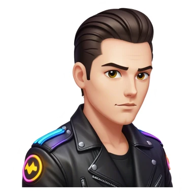 A lone biker with slicked-back hair, wearing a leather jacket, his face partially lit by neon lights sticker