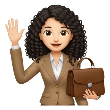 medium deep tan brown business woman with long black curly hair, waving hand with happy face and holding a close laptop and carrying a bag on her dhoulder sticker