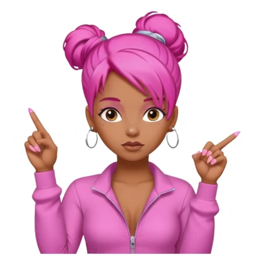 Brownskin girl , pink hair , edges ,  sassy looking pointing at the sky while pouting, pink nails, hair a slick back bun, with a pink jumpsuit  sticker