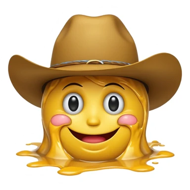 A yellow smiley face melting into a puddle. 

The eyes and mouth slip down the face, yet still maintain a distorted smile. The face is wearing a cowboy hat. sticker