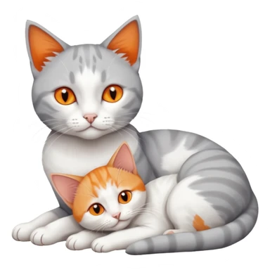 full body of a grey and white cat cuddling a very small + skinny ginger and white kitten with deep orange eyes and triangular shaped face lying down sticker