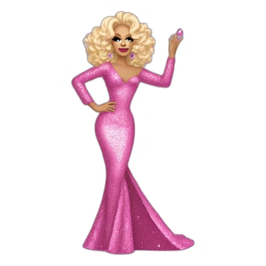 Drag queen Rupaul, curly blonde hair styled swept to the right. Full body, pink sequin dress, posed with left hand on her hip, right hand raised in the air. Iconic, legendary, victorious sticker