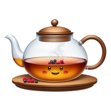 A cinematic realistic emoji with an attractive image of a steaming transparent teapot with a wooden lid filled with tea with berries, rich texture and warm, festive lighting. sticker