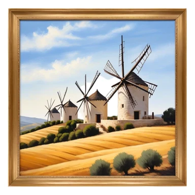 ​Cinematic Realistic Spanish Windmills (Mota del Cuervo), depicted as a cluster of gracefully aged windmills with weathered whitewashed facades and rustic wooden sails, standing proudly on a sunlit, rolling hillside of golden fields and olive groves, rendered with intricate textures and soft natural lighting that captures the timeless rural charm and historical significance of the Spanish landscape, sticker