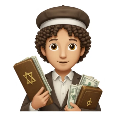 Jewish man (with curly hair) with Jewish hat holding money and Torah sticker