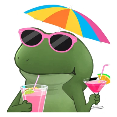 Bufo frog in a jumping pose, with rainbow umbrella hat, oversized sunglasses, holding a pink cocktail, classic Bufo meme style sticker