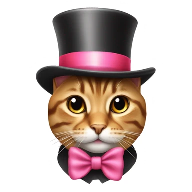 A tabby cat wearing a top hat that’s pink with a. Red bow sticker