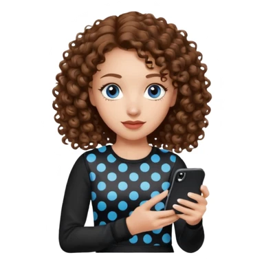 generate a pretty woman with blue eyes, light skin and medium brown curly shiny hair holding an iphone with a black and white polka dot case. she is looking at the phone and holding it in her hand. she is wearing a black long sleeve sticker
