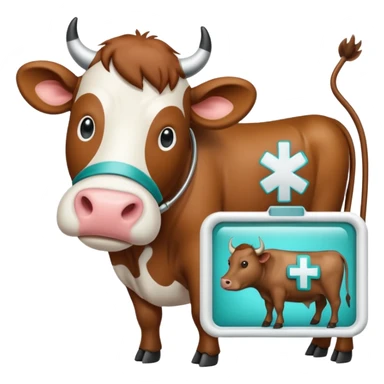 Emoji-style icon of a cow and buffalo with a medical cross and scan frame overlay, representing disease detection and health analysis. Friendly, clean, rounded design, clear at small sizes, teal and white accents, no text, transparent background. sticker