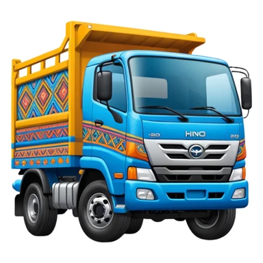 Emoji style illustration of a Hino 500 truck, colorful Peruvian decorative truck art, bright blue body, Andean patterns and vibrant painted details, bold outlines, flat vector style, clean shading, sticker design, centered, white or transparent background, high detail, cartoon style sticker