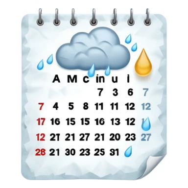 Minimalist emoji of a tilted, crumpled calendar page with faint, incomplete checklist marks, a small rain cloud dripping above it, and a dim, muted colour palette to symbolise a productivity slump and lost discipline. Flat vector style, soft shadows, transparent background sticker