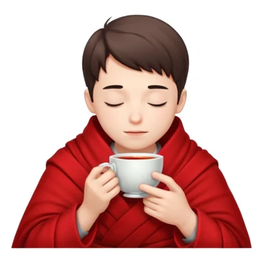 A European boy is sitting wrapped in a red blanket, drinking tea with his eyes closed. sticker