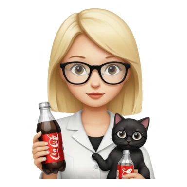 Beautiful blonde girl with glasses holding a black kitten in one hand and Diet Coke bottle in the other  sticker