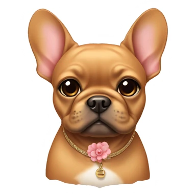 A caramel color frenchie with a collar in shape of a flower sticker