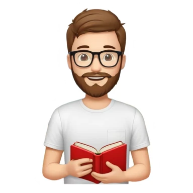 cheerful young man with glasses, beard, white t-shirt, holding a red book, surrounded by emoji-style icons for mountain biking, coding, hiking, climbing, sleeping, and nature sticker