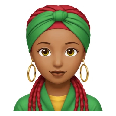 Non-portrait Jayci-vibe emoji, 1024 PNG, transparent. Headwrap (muted R-G-G), hoops, locs hint; soft smile, golden inner glow + faint heart aura. Embed: first-love, roots calm, playful grace, protective joy, consent. sticker
