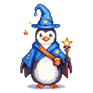 penguin wizard wearing a blue robe and starry hat sticker